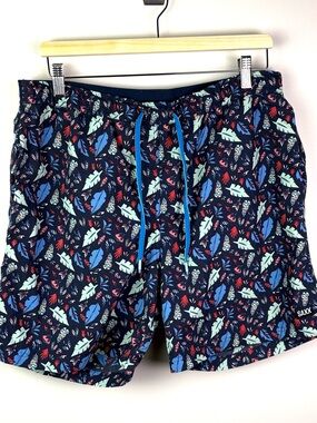 Saxx ‘Cannonball 2N1’ Navy Swim Shorts with Blue & Red Leaf Print size L